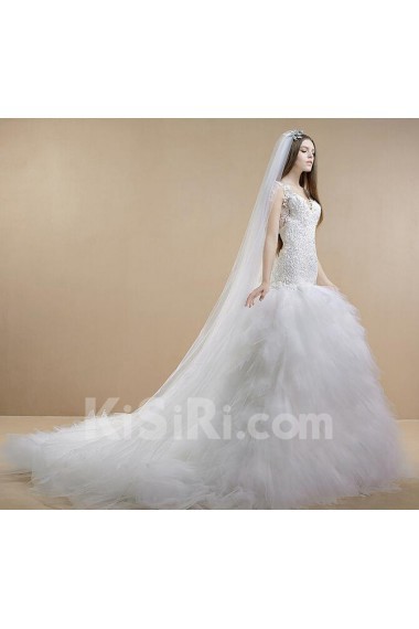 Lace, Tulle, Satin V-neck Cathedral Train Sleeveless Mermaid Dress with Flower
