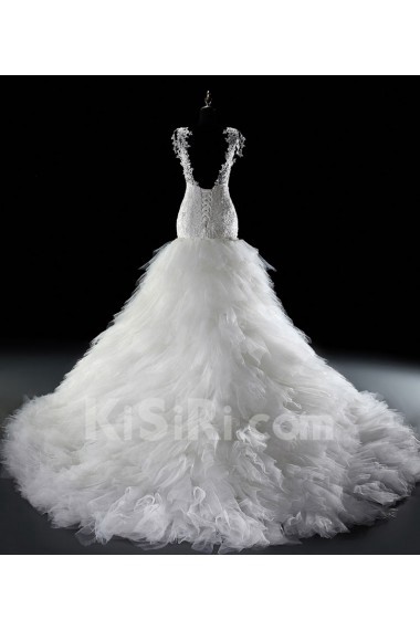 Lace, Tulle, Satin V-neck Cathedral Train Sleeveless Mermaid Dress with Flower