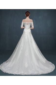 Tulle, Lace, Satin Off-the-Shoulder Chapel Train Half Sleeve A-line Dress with Applique, Bow, Rhinestone
