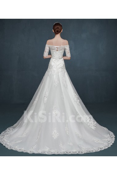 Tulle, Lace, Satin Off-the-Shoulder Chapel Train Half Sleeve A-line Dress with Applique, Bow, Rhinestone