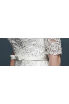 Tulle, Lace, Satin Off-the-Shoulder Chapel Train Half Sleeve A-line Dress with Applique, Bow, Rhinestone