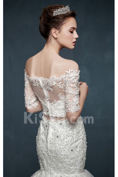 Tulle, Lace, Satin Off-the-Shoulder Chapel Train Half Sleeve Mermaid Dress with Rhinestone