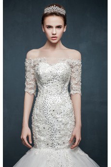 Tulle, Lace, Satin Off-the-Shoulder Chapel Train Half Sleeve Mermaid Dress with Rhinestone