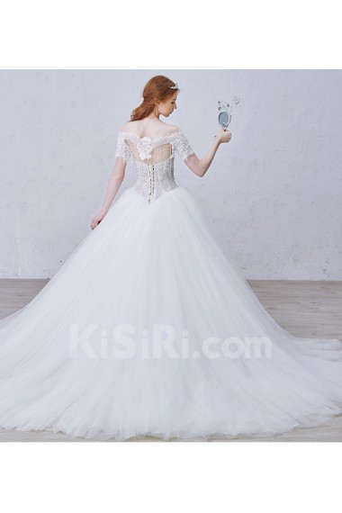 Lace, Tulle, Satin Off-the-Shoulder Chapel Train Short Sleeve Ball Gown Dress with Beads