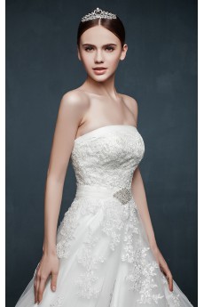 Tulle, Lace, Satin Strapless Sweep Train Sleeveless A-line Dress with Rhinestone, Sash, Applique