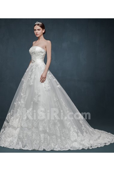 Tulle, Lace, Satin Strapless Sweep Train Sleeveless A-line Dress with Rhinestone, Sash, Applique