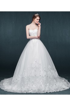 Tulle, Lace Sweetheart Chapel Train Sleeveless Ball Gown Dress with Rhinestone