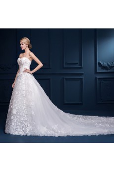Tulle, Lace Sweetheart Cathedral Train Sleeveless A-line Dress with Beads, Handmade Flowers