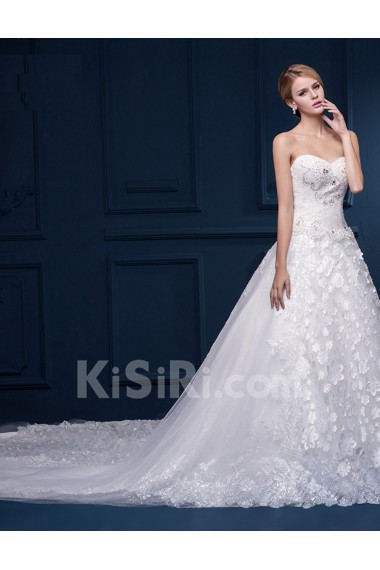 Tulle, Lace Sweetheart Cathedral Train Sleeveless A-line Dress with Beads, Handmade Flowers