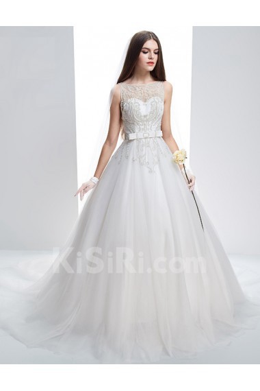 Satin, Tulle Scoop Chapel Train Sleeveless A-line Dress with Bead, Bow