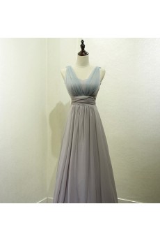 Chiffon Floor Length V-neck Sleeveless A-line Dress with Ruched