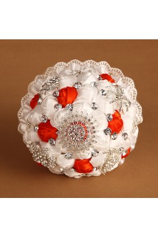 Satin with Pearl Round Shape White And Red Wedding Bridal Bouquet