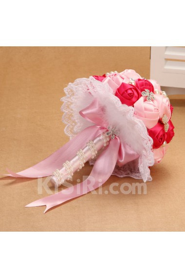 Round Shape Red and Pink Fabric Wedding Bridal Bouquet with Rhinestone and Imitation Pearls