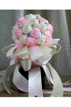 Round Shape Pink and Light White Fabric Wedding Bridal Bouquet with Rhinestone