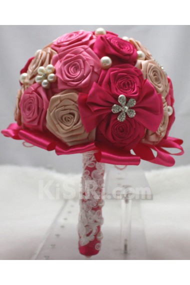 Round Shape Dark Yellow and Red Wedding Bridal Bouquet with Imitation Pearls
