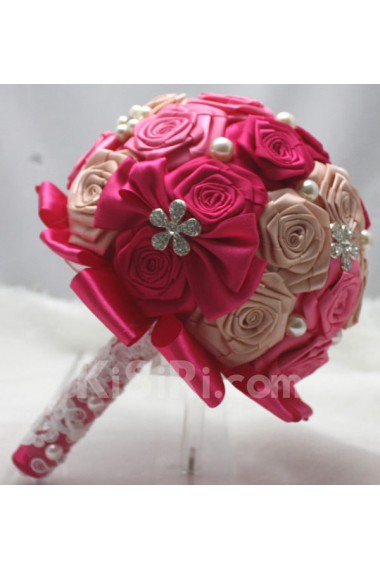 Round Shape Dark Yellow and Red Wedding Bridal Bouquet with Imitation Pearls