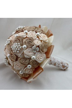 Round Shape Light White and Dark Yellow Satin Rose Rhinestone Wedding Bridal Bouquet with Imitation Pearls