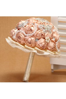 Round Shape Champagne Fabric Rhinestone Wedding Bridal Bouquet with Imitation Pearls