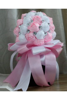 Handmade Round Shape Pink and White Satin Rhinestone Wedding Bridal Bouquet