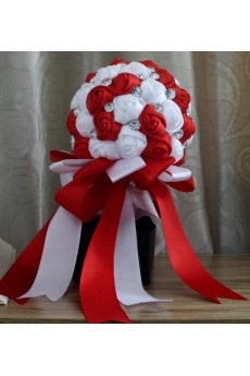 Handmade Round Shape Red and White Satin Rhinestone Wedding Bridal Bouquet