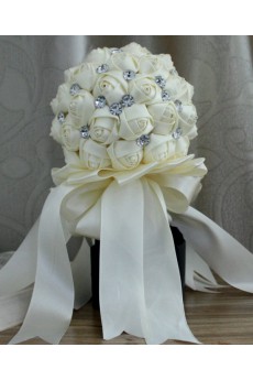 Handmade Round Shape Ivory Satin Rhinestone Wedding Bridal Bouquet