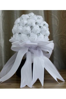 Handmade Round Shape White Satin Rhinestone Wedding Bridal Bouquet