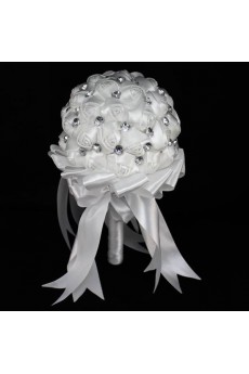 Handmade Round Shape White Satin Rhinestone Wedding Bridal Bouquet