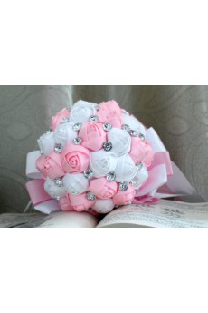 Handmade Round Shape Pink and White Satin Rhinestone Wedding Bridal Bouquet