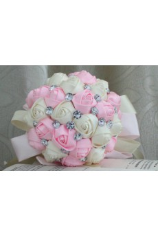 Handmade Round Shape Ivory and Pink Satin Rhinestone Wedding Bridal Bouquet