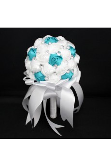 Handmade Round Shape Blue and White Satin Rhinestone Wedding Bridal Bouquet