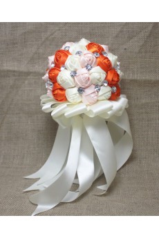 Handmade Round Shape Orange and Light White and Pink Satin Rhinestone Wedding Bridal Bouquet