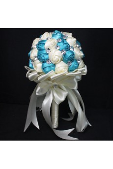 Handmade Round Shape Blue-Green and Light White Satin Rhinestone Wedding Bridal Bouquet