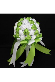 Handmade Round Shape Olive Green and White Satin Rhinestone Wedding Bridal Bouquet