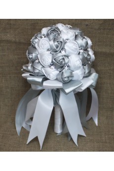 Handmade Round Shape Siliver and White Satin Rhinestone Wedding Bridal Bouquet