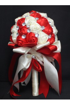 Handmade Round Shape Red and Light White Satin Rhinestone Wedding Bridal Bouquet