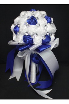 Handmade Round Shape Royal Blue and White Satin Rhinestone Wedding Bridal Bouquet