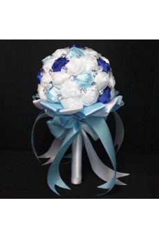 Handmade Round Shape Royal Blue and White and Sky Blue Satin Rhinestone Wedding Bridal Bouquet