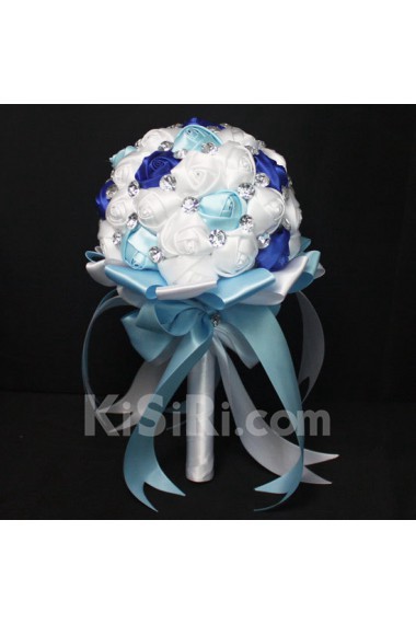 Handmade Round Shape Royal Blue and White and Sky Blue Satin Rhinestone Wedding Bridal Bouquet