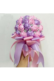 Handmade Round Shape Pink and Light Purple Satin Rhinestone Wedding Bridal Bouquet