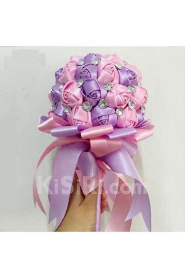 Handmade Round Shape Pink and Light Purple Satin Rhinestone Wedding Bridal Bouquet