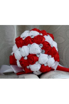 Handmade Round Shape Red and White Satin Rhinestone Wedding Bridal Bouquet