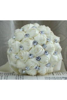 Handmade Round Shape Light White Satin Rhinestone Wedding Bridal Bouquet
