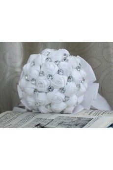 Handmade Round Shape White Satin Rhinestone Wedding Bridal Bouquet