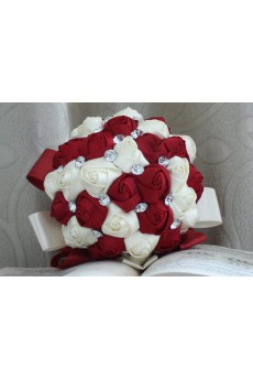 Handmade Round Shape Burgundy and Light White Satin Rhinestone Wedding Bridal Bouquet