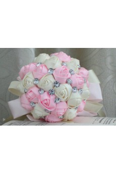 Handmade Round Shape Pink and Light White Satin Rhinestone Wedding Bridal Bouquet