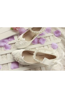 Lace Imitation Pearls Wedding Shoes with Silk Ribbon