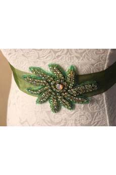 Handmade Green Yarn Rhinestone Wedding Sash