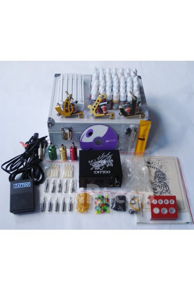Professional Tattoo Machines Kit Completed Set with 3 Stainless Steel Tattoo Guns and 7 x 10ml Colors