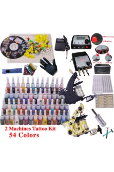 2 Professional Tattoo Guns Kit with LCD Power Supply (54 x 5ml Colors)