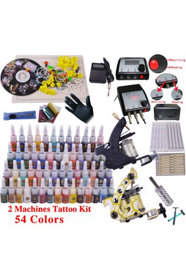 2 Professional Tattoo Guns Kit with LCD Power Supply (54 x 5ml Colors)